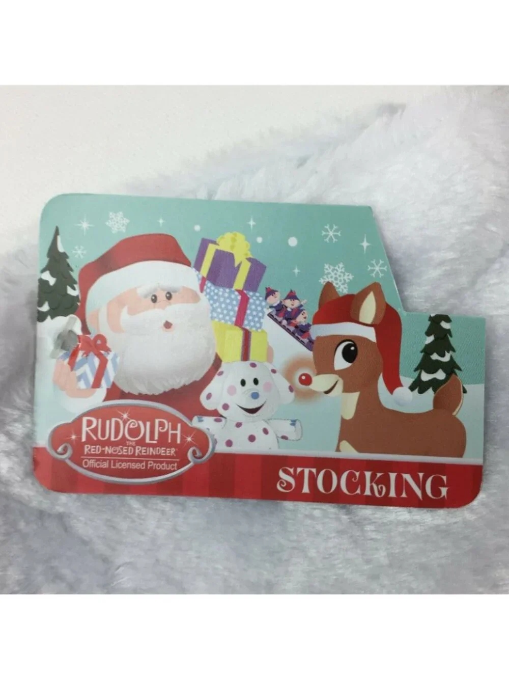 Rudolph The Red-Nosed Reindeer Christmas Stocking Blue Satin & White Plush 15